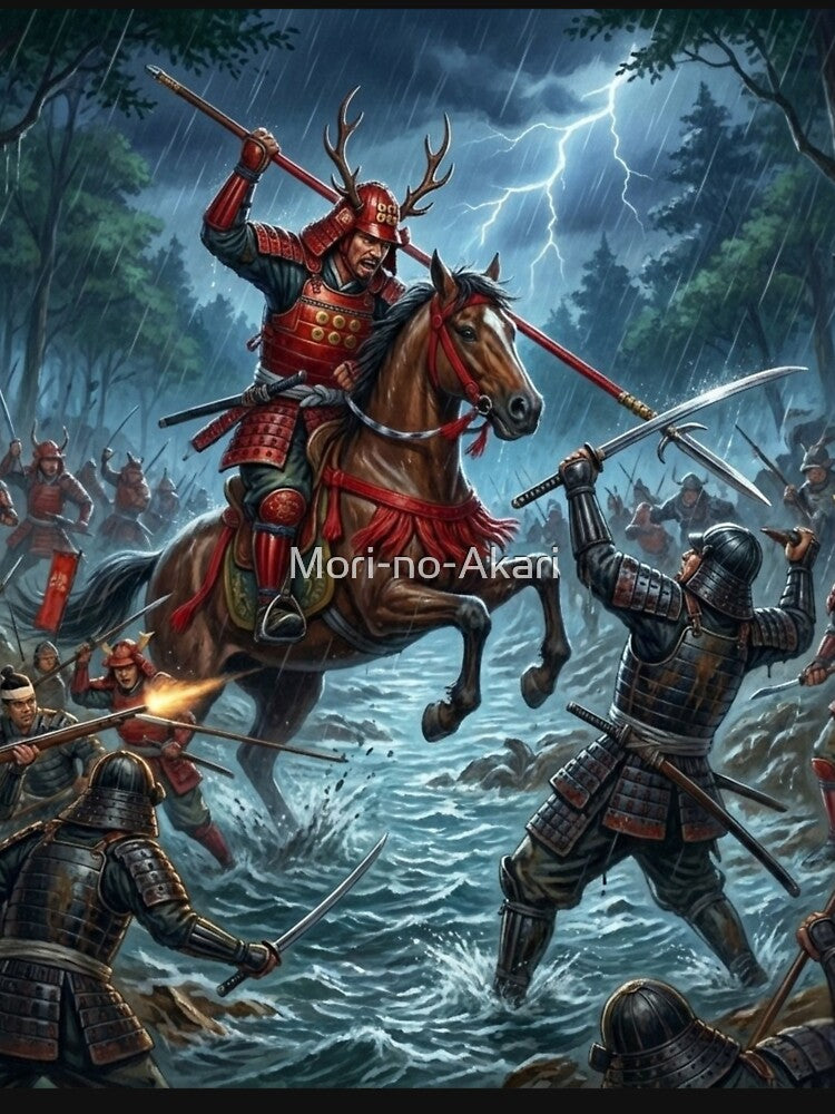 Yukimura Sanada — The Crimson Charge in the Storm | Japanese Samurai Warrior Art 真田幸村 ― 嵐を裂く紅蓮の突撃｜戦国武将アート by Mori-no-Akari