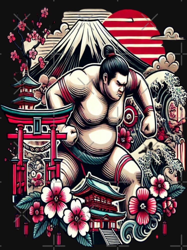 Cherry Blossom Sumo Power – Ukiyo-e Warrior with Mt Fuji by ArtFreshStudio
