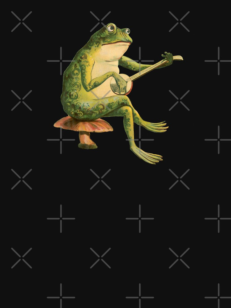 Melancholic Vintage Frog: Banjo Player on Mushroom Toadstool, Cottagecore and Goblincore Aesthetics with Edgy Grunge by MinistryOfFrogs