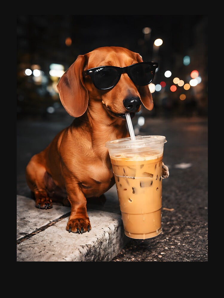 Funny Dachshund Drinking Iced Coffee Washed by PatternGallery
