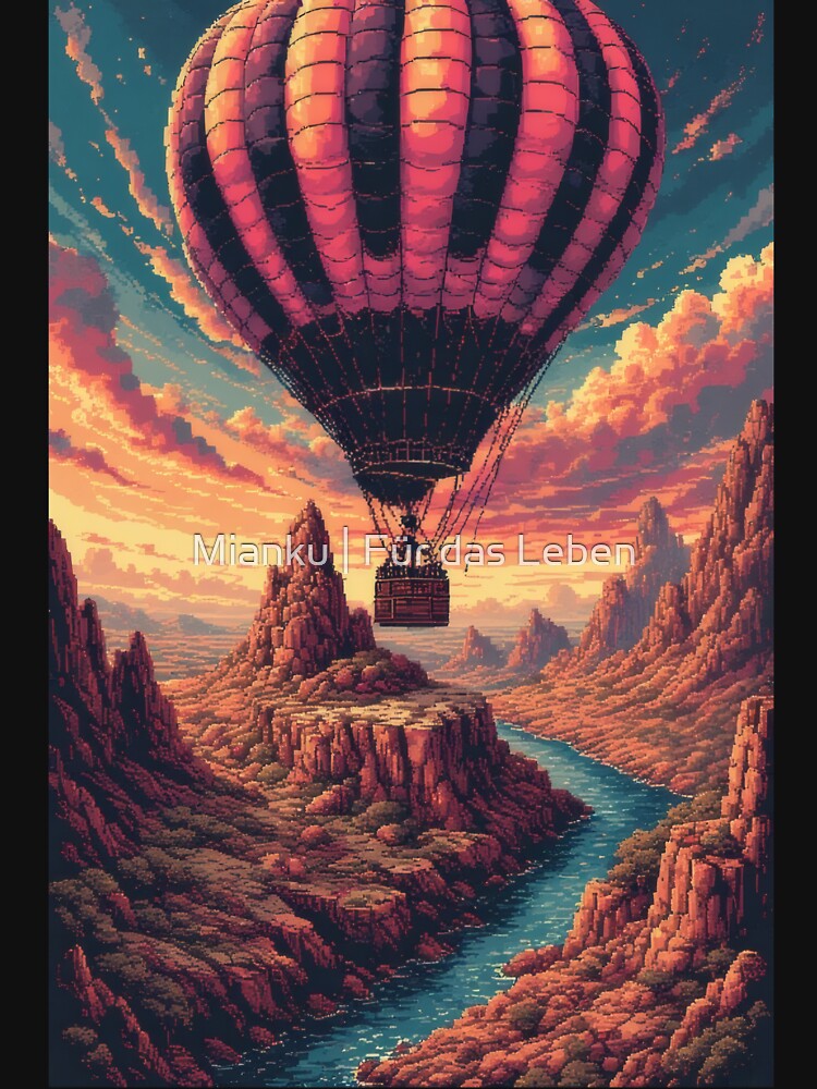 Hot air balloon over pixelated canyon landscape by Mianku | Für das Leben