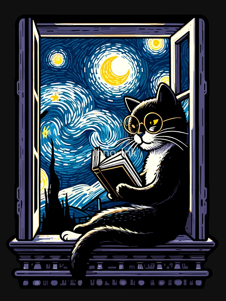 Starry Night Cat Reading Book,Van Gogh Starry Night Cat Classic Vintage Art Painting Style by Inno-Ink