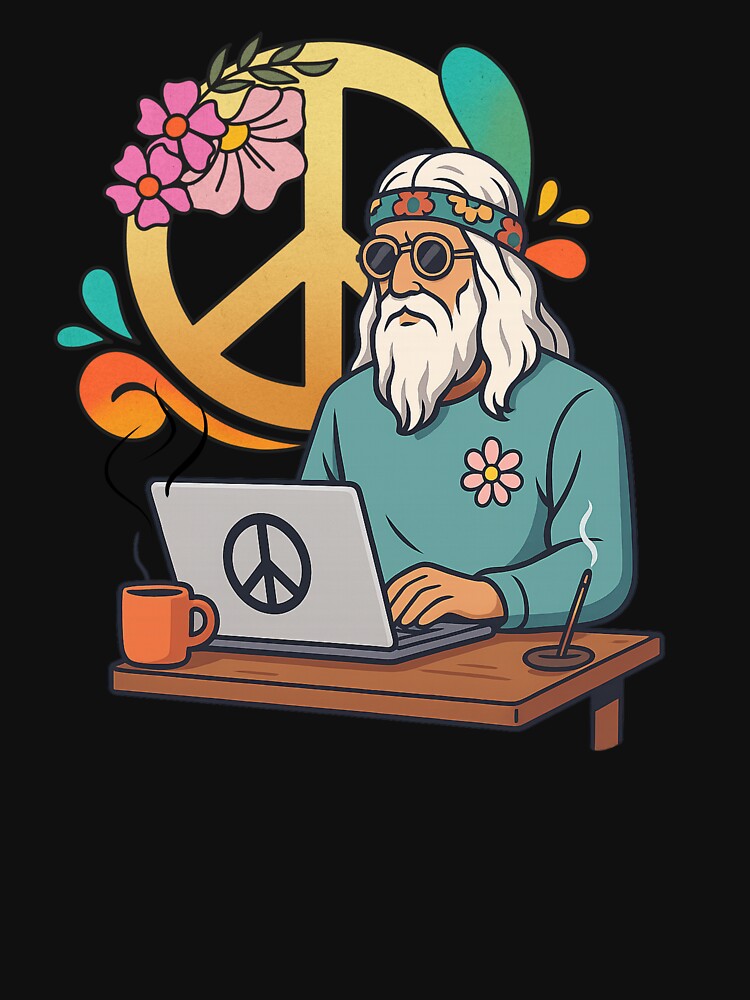 Elderly White Hippie Programmer – Retro Tech Peace Humor Design by Lunaria Arts