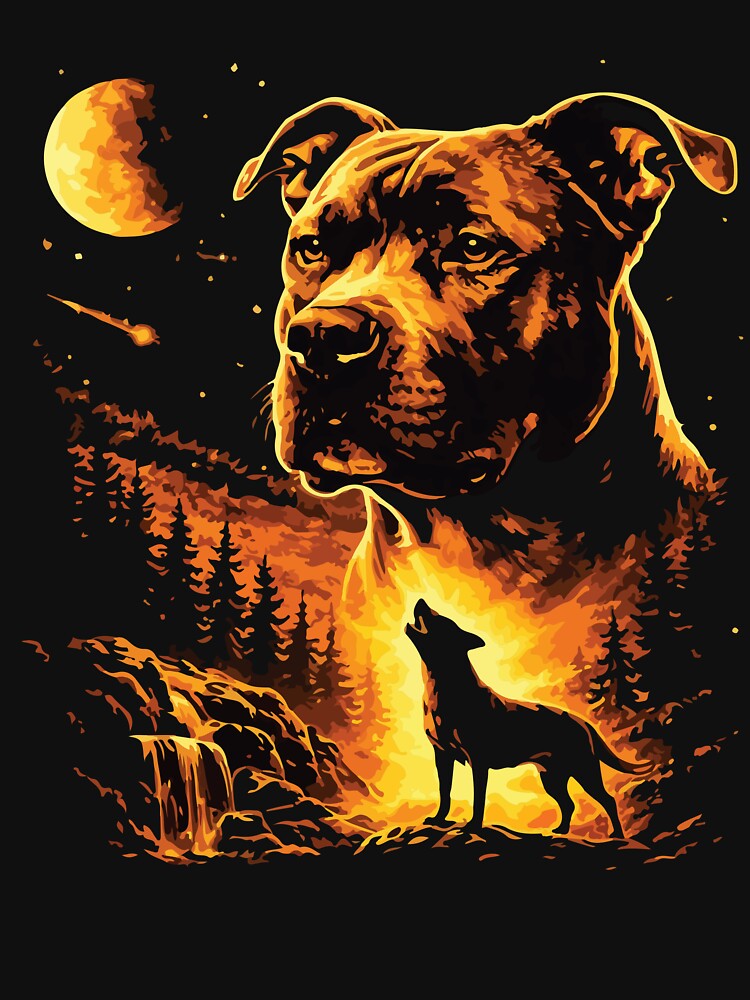 Pitbull Howling at the Moon Vintage 90s Forest Retro Dog Lover by kiralynstration