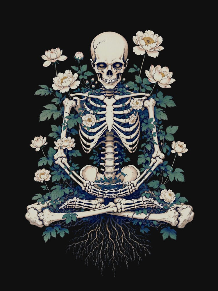 Meditating Skeleton Blooming Flowers Dark Floral Art by Apollo Palette