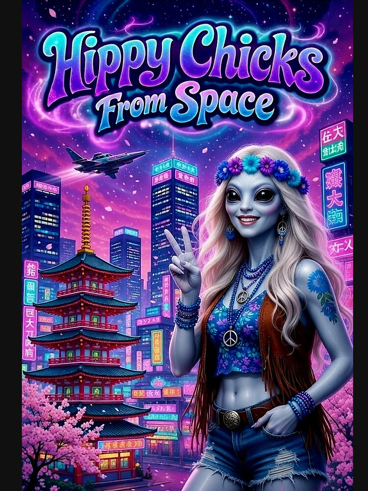 Hippy Chicks From Space - Alien Hippie Girl in Neon Tokyo City Poster by David Brookes Digital