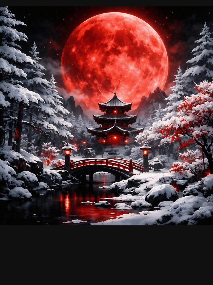 Silent Red Moon Snow – Japanese Winter Moon Fantasy Wall Art Gift by Spiritveil
