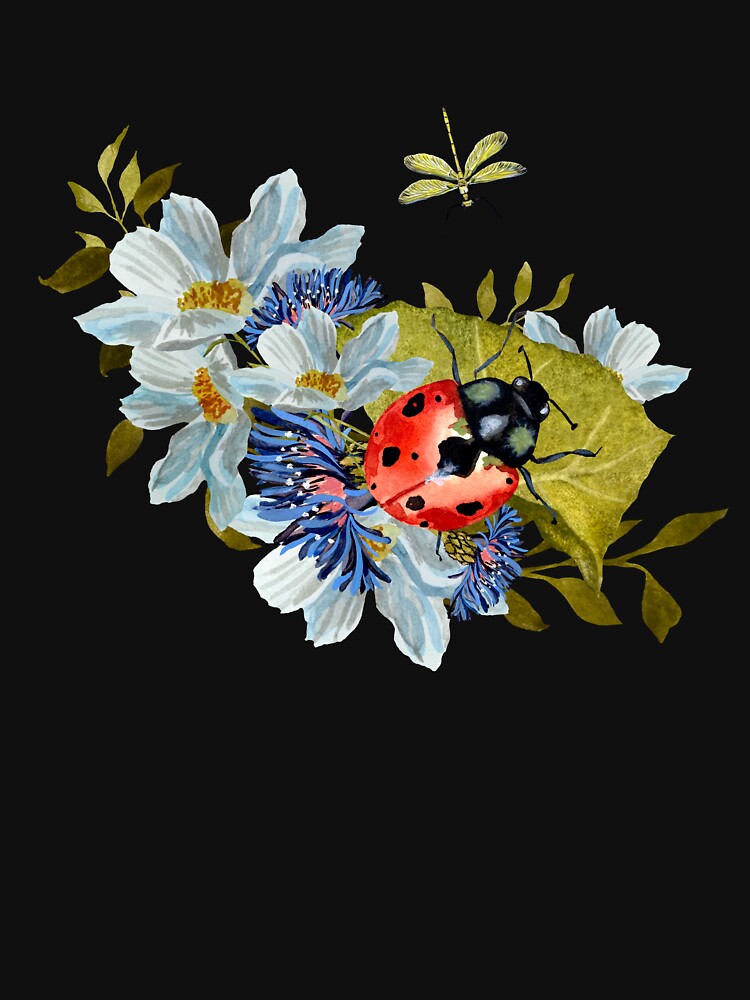 Flower daisy ladybug leaves dragonfly a watercolor black by Yana Mustafina | Boho Soulful Designs