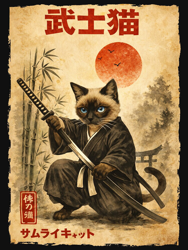 Retro Vintage Japanese ink art samurai cat illustration by Kladhadredo