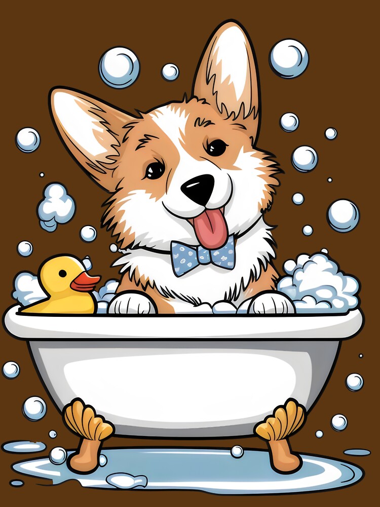 Corgi Bubble Bath Time – Cute Dog Illustration by Pastel-Pulse