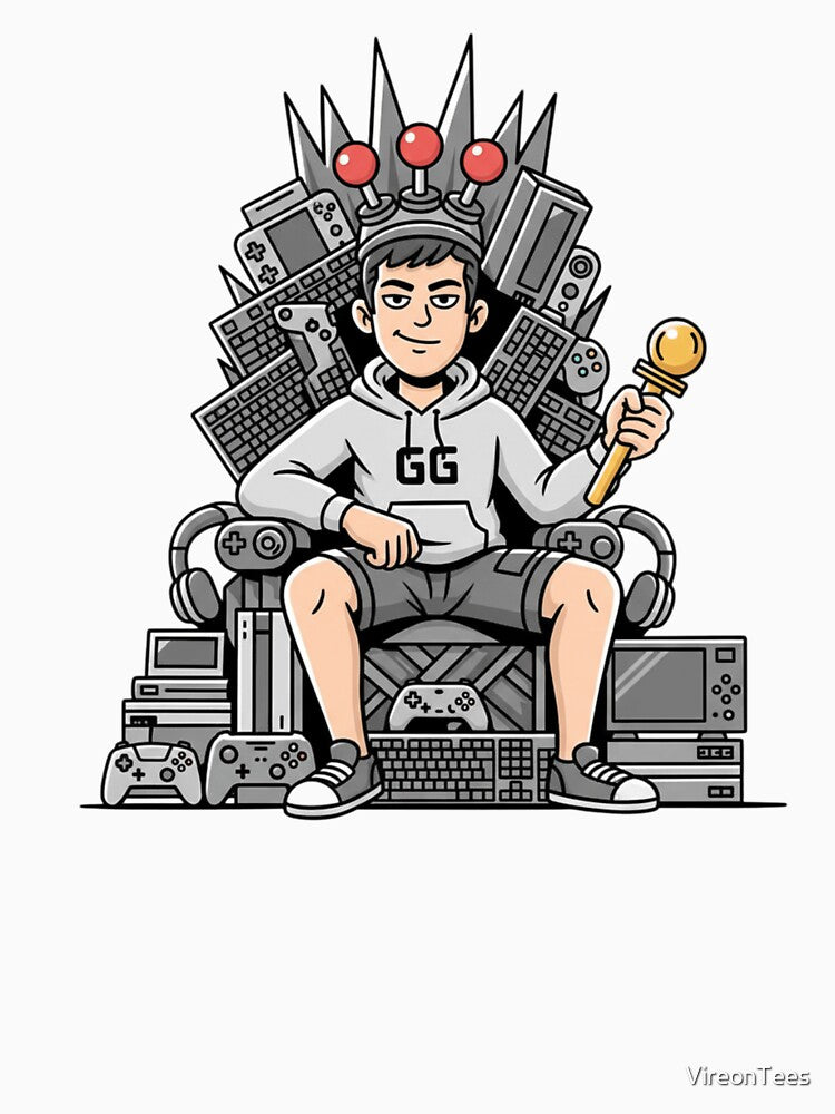 GG Gamer King on Retro Gaming Throne – Victory & Skill Illustration by VireonTees