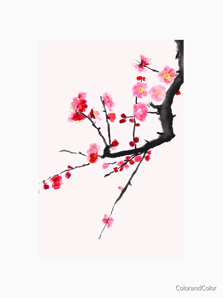 hand painted red plum flower in pink background by ColorandColor