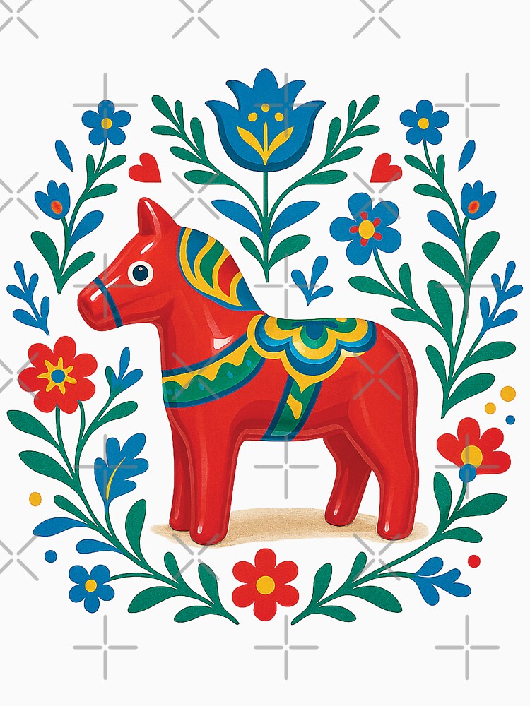 Scandinavian Dala Horse Folk Art Illustration by Gold Turtle  Lina