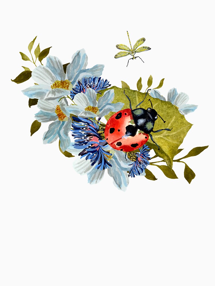 Flower daisy ladybug leaves dragonfly a watercolor by Yana Mustafina | Boho Soulful Designs