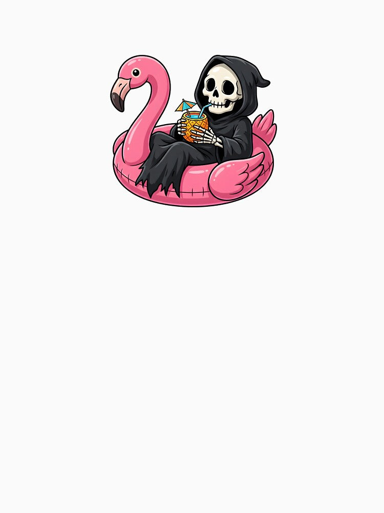 Cute Grim Reaper Relaxing in Flamingo Float by Kvarny