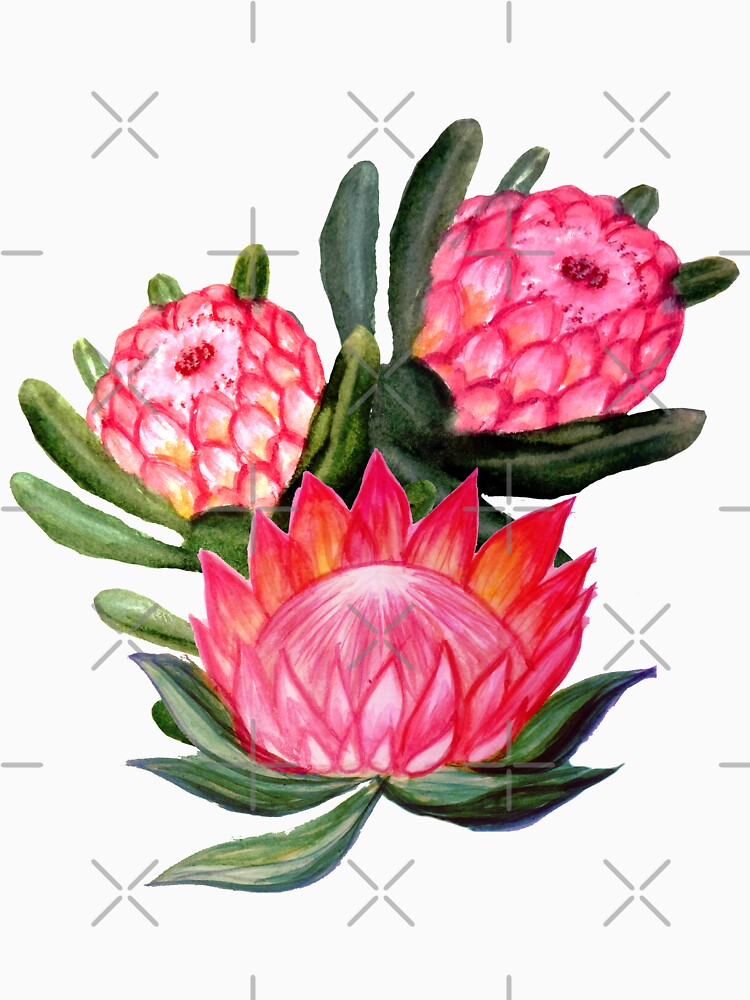 Protea flowers painted in watercolor – all over print – a riot of pink and bright color by MagentaRose