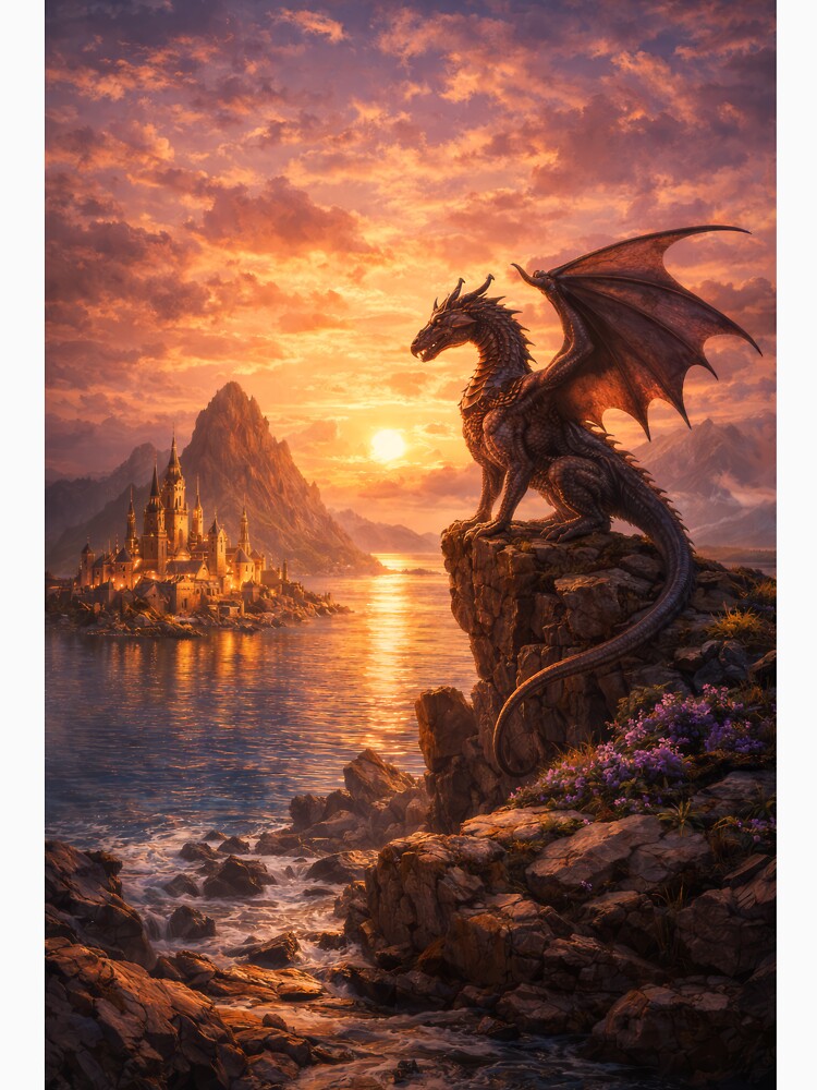 Dragon Guardian at Sunset – Fantasy Castle and Sea Landscape by DrakariArt