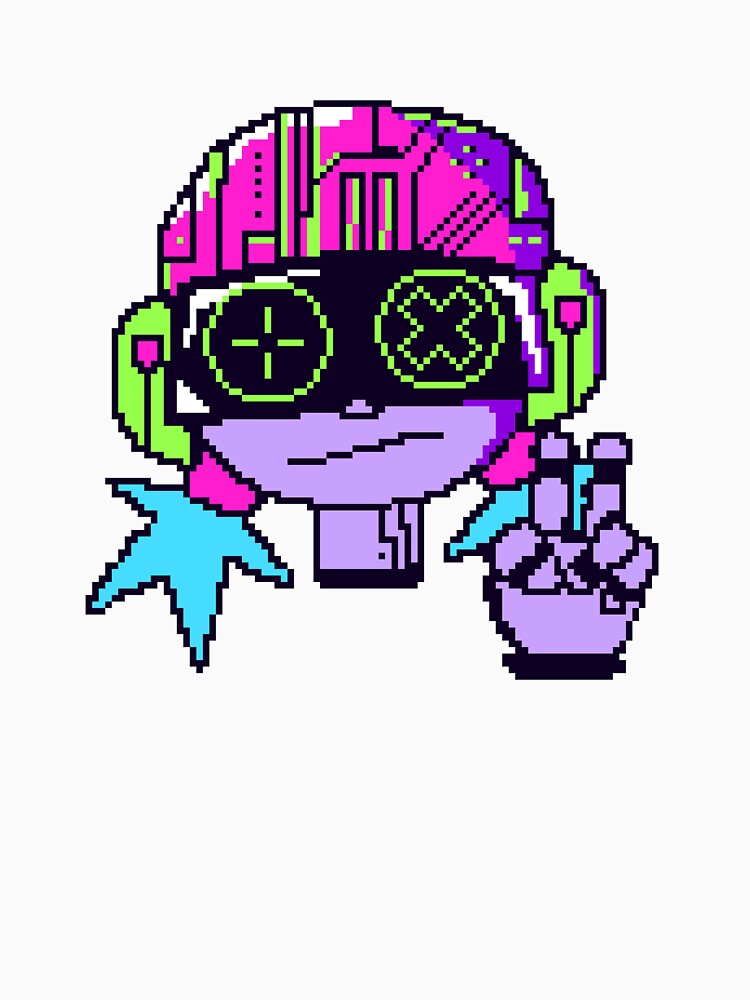 Cyberpunk Pixel Art Girl with Neon Goggles and Headphones Peace Sign by QuietBloom80