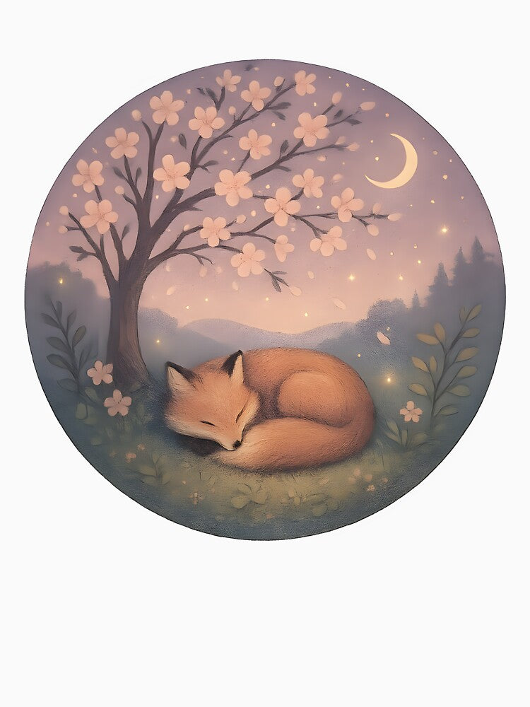 Sleeping Fox Under Cherry Blossom Moon – Cottagecore Dream Illustration by CurioCabinetCo