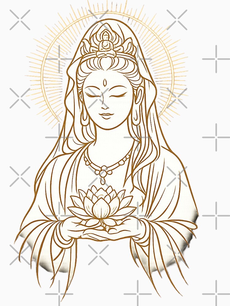 Golden Guanyin Lotus Line Art with Sacred Halo – Goddess of Mercy Spiritual Illustration by Sksticker991