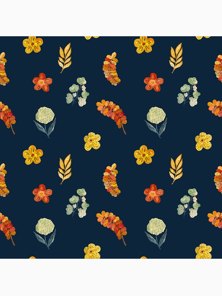Flower red green orange simple seamless pattern blue by Yana Mustafina | Boho Soulful Designs