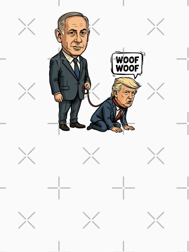 Netanyahu Walking Trump Dog Political Satire Caricature by Essémké
