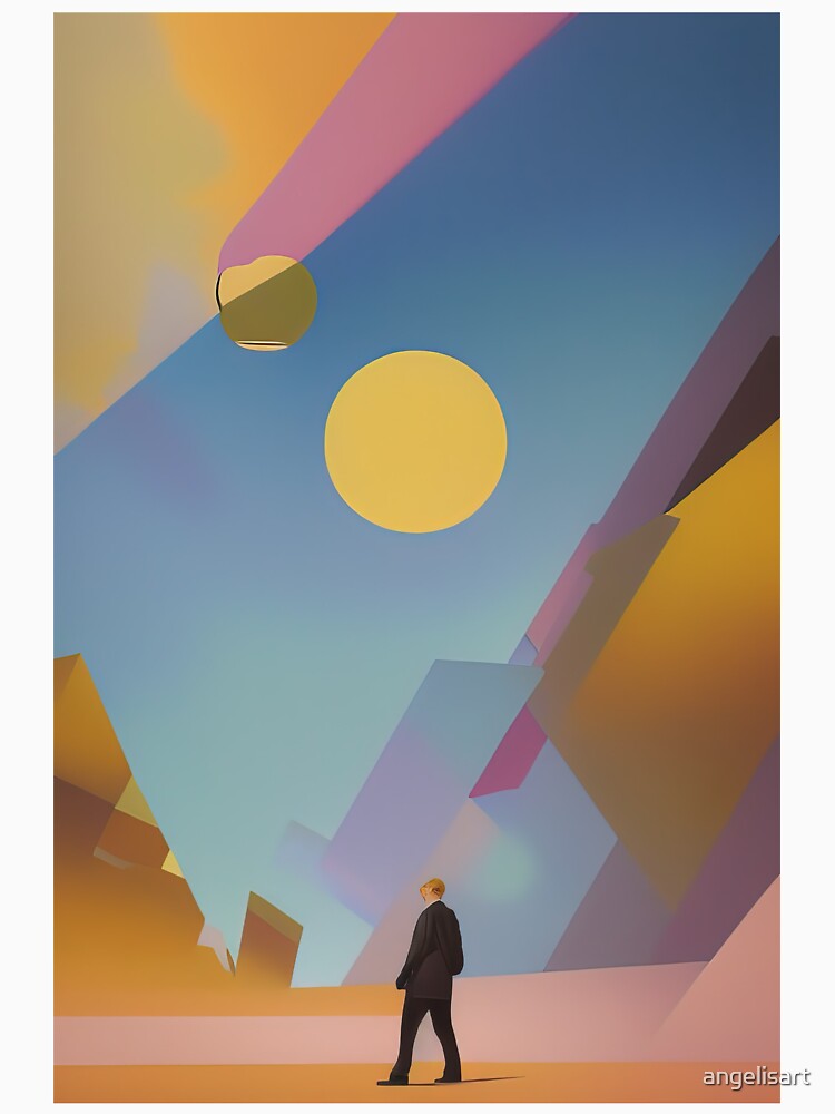 Man walking in a modern abstract art landscape. by angelisart