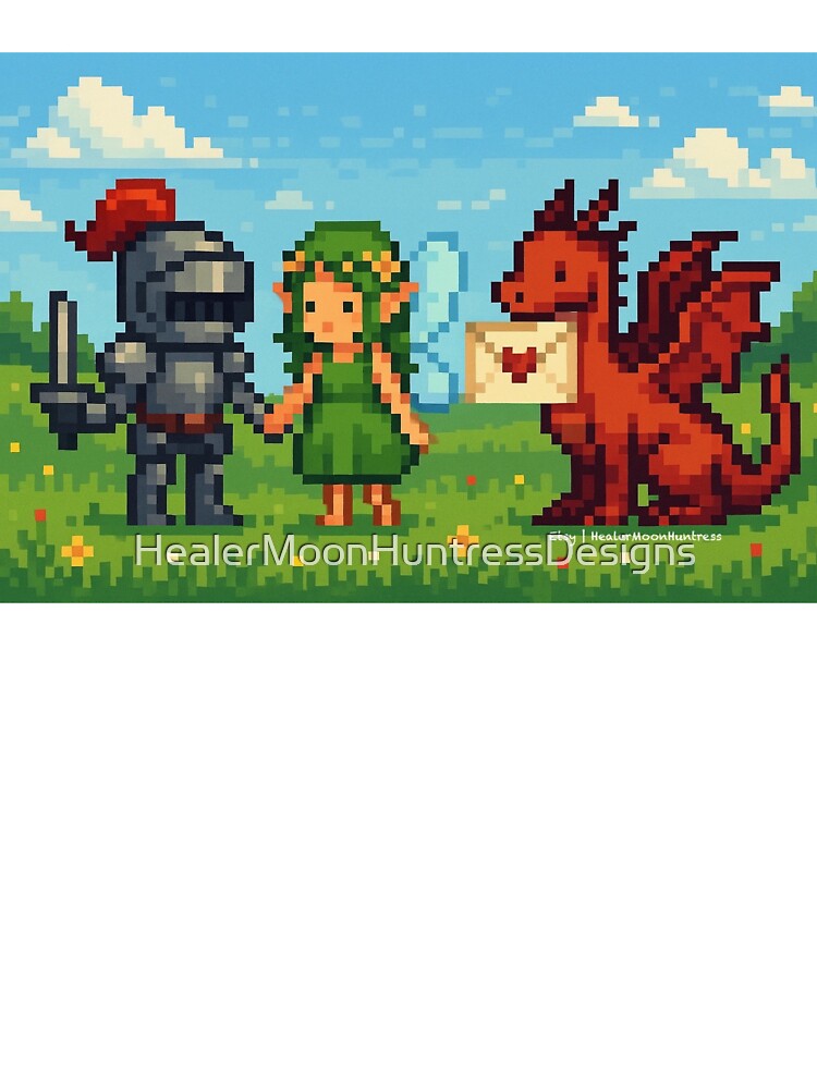 Pixel Knight and Fairy Holding Hands with Dragon and Love Letter – Romantic Fantasy Pixel Art Scene by HealerMoonHuntressDesigns