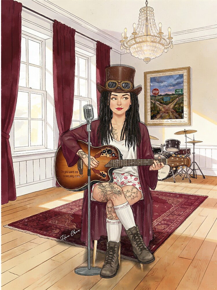 Steampunk Rocker Girl - Boho Musician with Acoustic Guitar Art by Hen-C-Art