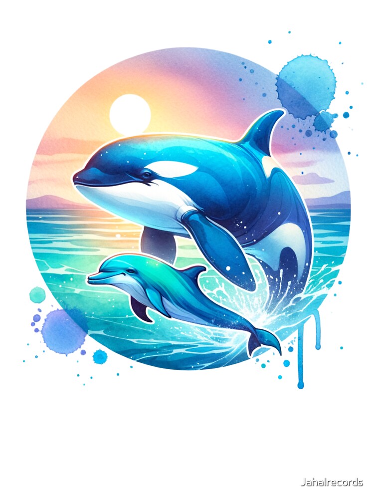 Orca & Dolphin Watercolor Splash Art – Tranquil Ocean Serenity by MTeesGA