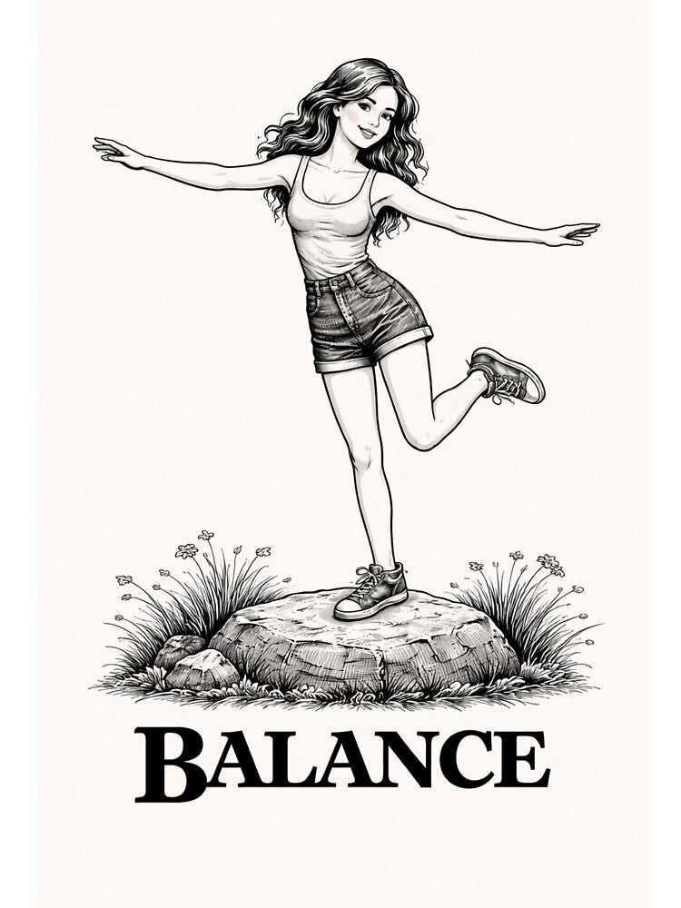 Balance Aesthetic Vintage Girl Black and White Minimalist Retro 70s Graphic Tee Design by VINTAGEPUNTEES