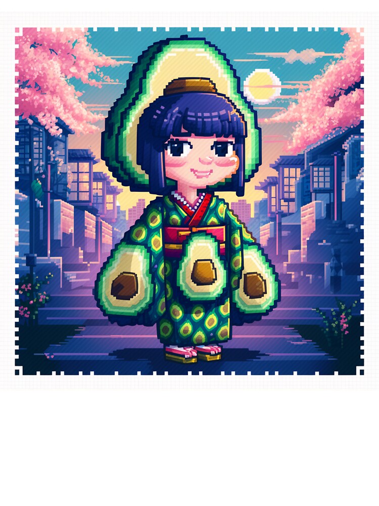 Pixel Art Japanese Girl with Avocado/Palta Design - Retro Art for Clothing, Mugs, Accessories, and Stickers by AlanCStore