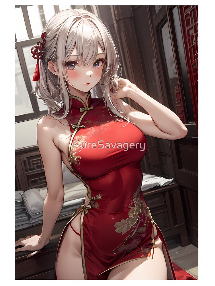 Scarlet Temptation: Seductive Elegance in a Chinese Dress by PureSavagery