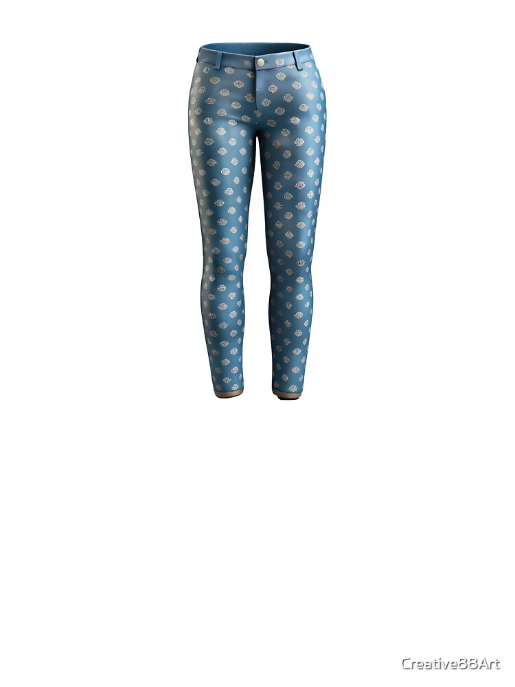 Slim fit blue trousers with white rose print and gold button by Creative88Art