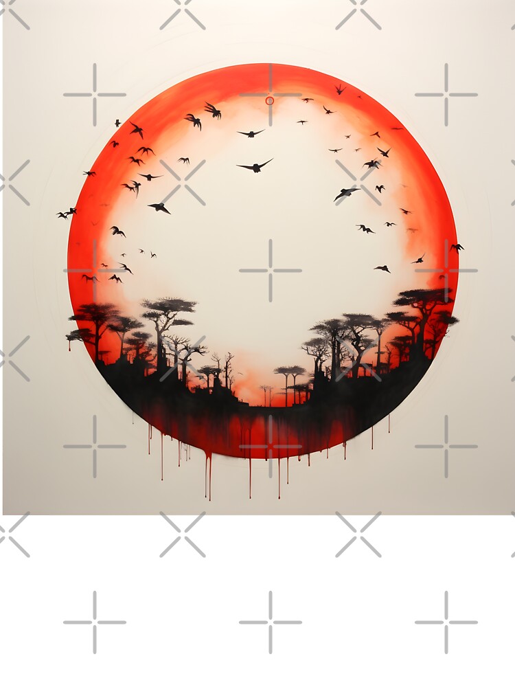 Minimalist red sun art print, birds by dcrc