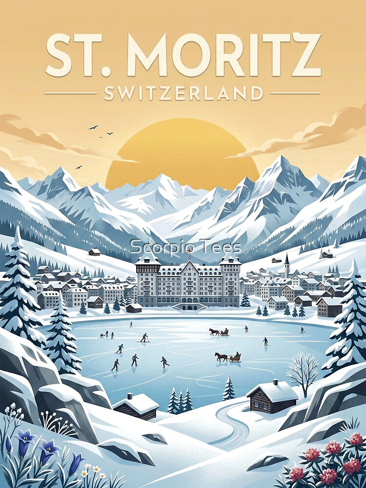 St. Moritz Switzerland Travel Poster – Vintage Winter Alpine Landscape Art by Scorpio Tees