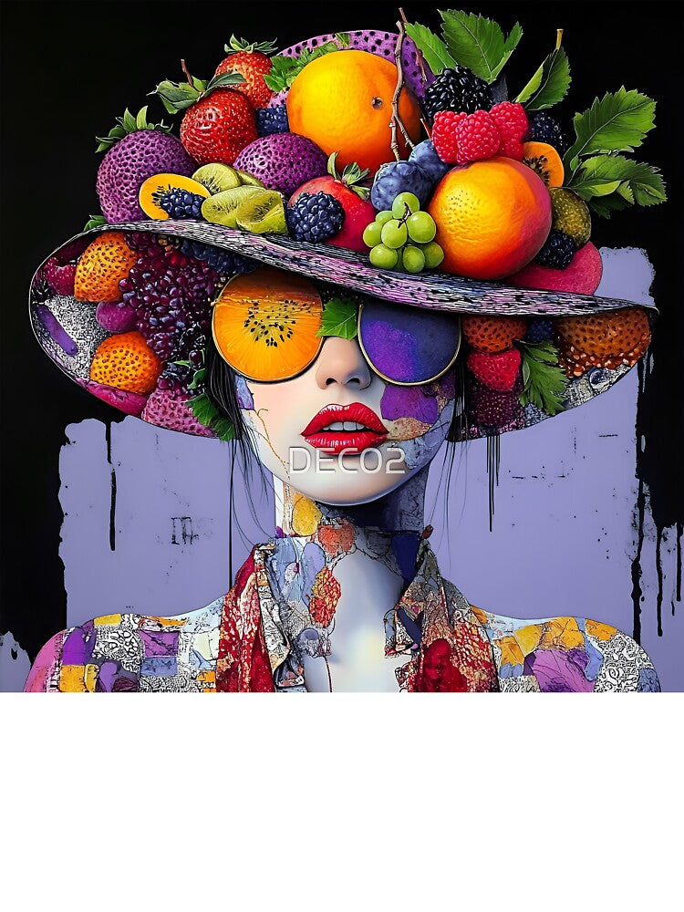 Whimsical Pop Art Female Wearing Purple Fruit Hat by DEC02