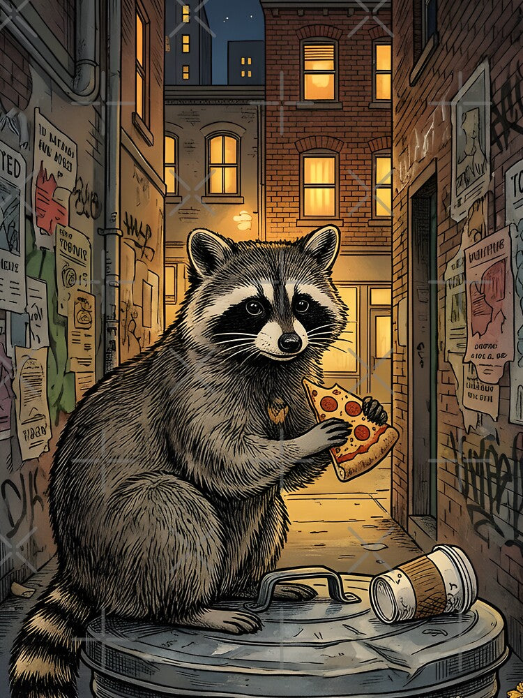 Urban raccoon eats pizza beneath Toronto city lights by CoffeeinBloom