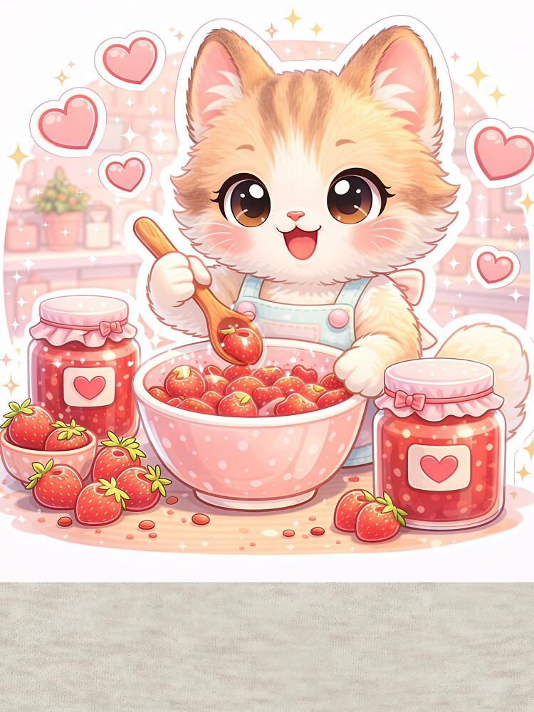 Kawaii Kitten Making Strawberry Jam – Cute Pastel Cat Kitchen Dessert Sticker by Furfolkz