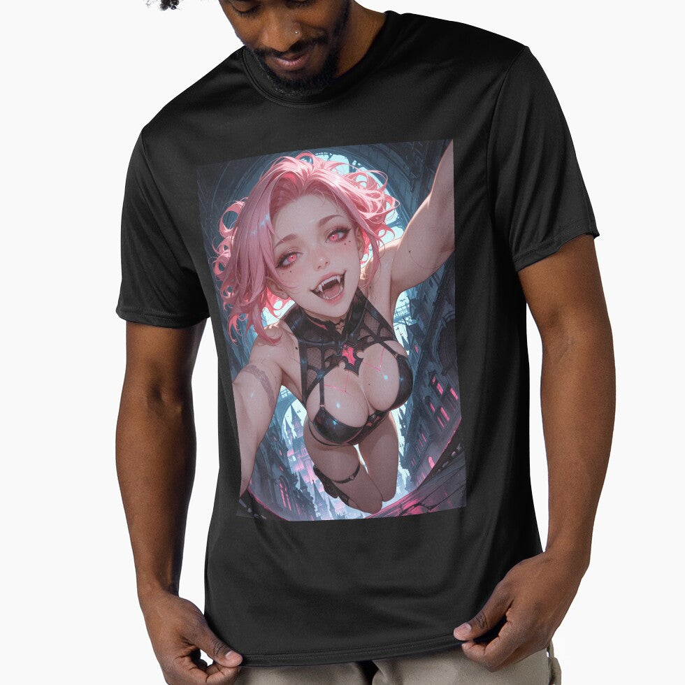 Cyberpunk vampire anime waifu with fangs and pink hair by Planet Utoppia