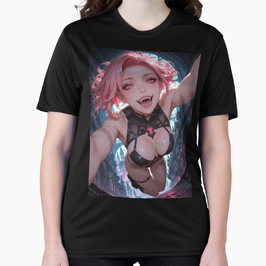 Cyberpunk vampire anime waifu with fangs and pink hair by Planet Utoppia