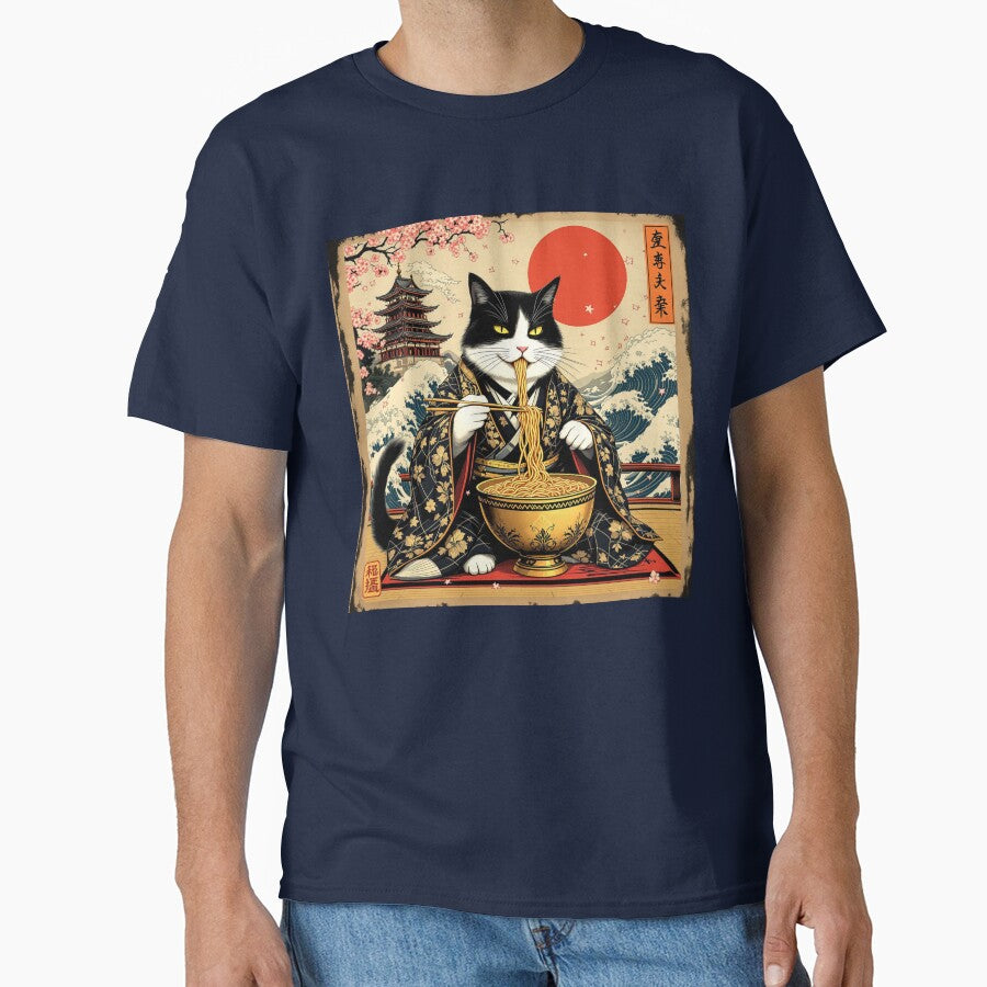 Samurai Cat with Golden Ramen Bowl | Vintage Japanese Ukiyo-e Style Illustration by KaryaVisionSTR