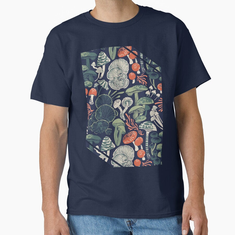 Mystical fungi // midnight blue background sage and forest green orange wild mushrooms by SelmaCardoso