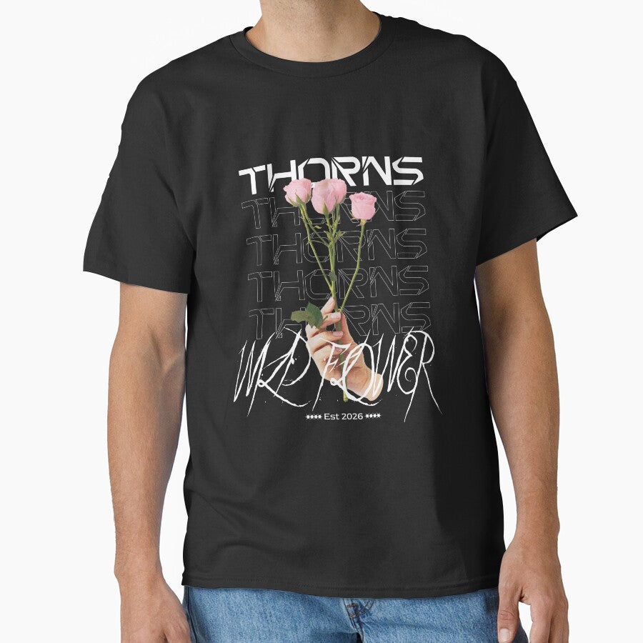 THORNS Wild Flower Dark Streetwear Graphic T-Shirt by outlyndstudios2