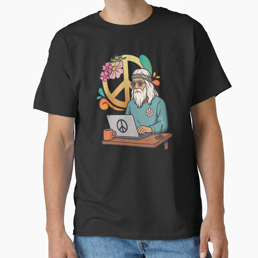 Elderly White Hippie Programmer – Retro Tech Peace Humor Design by Lunaria Arts