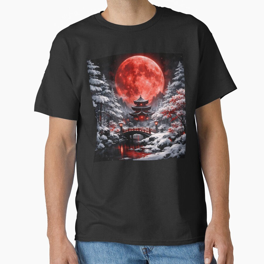 Silent Red Moon Snow – Japanese Winter Moon Fantasy Wall Art Gift by Spiritveil