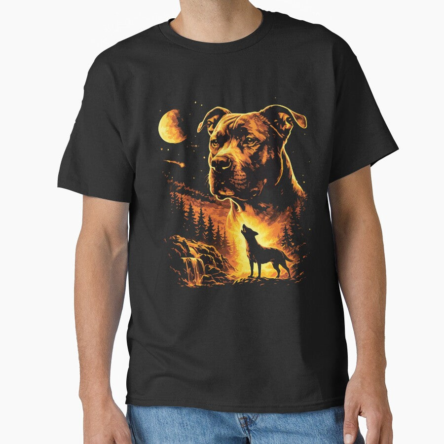 Pitbull Howling at the Moon Vintage 90s Forest Retro Dog Lover by kiralynstration