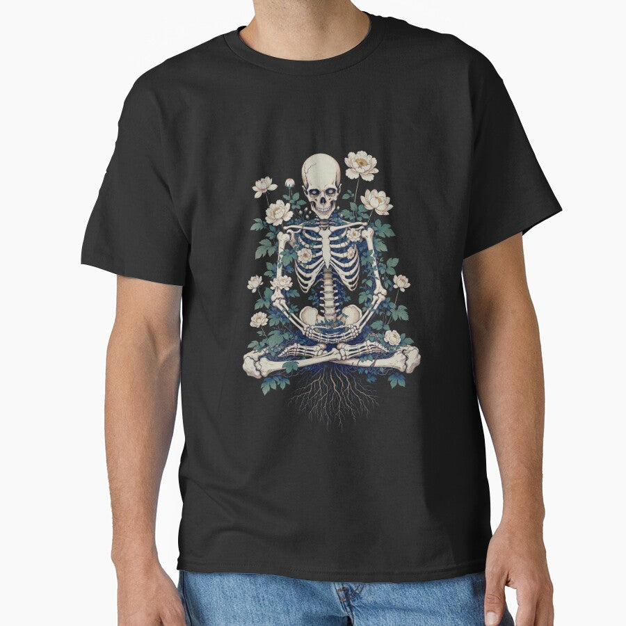 Meditating Skeleton Blooming Flowers Dark Floral Art by Apollo Palette