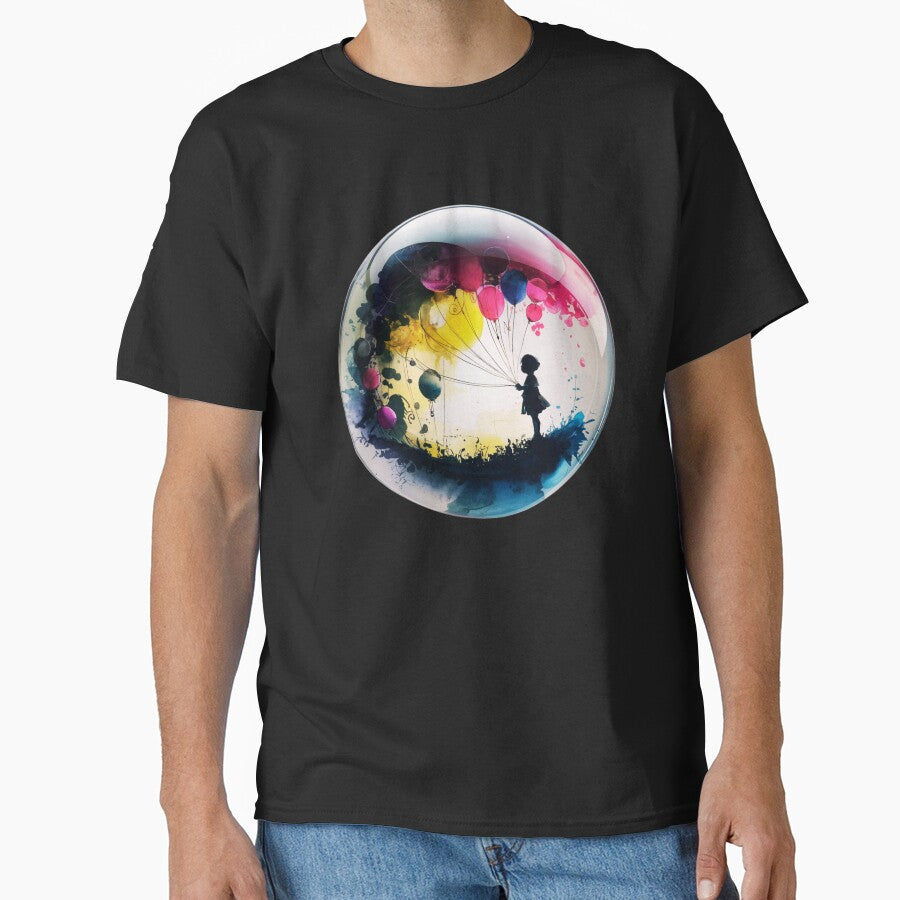 The child is silhouetted against the space, which is filled with balloons by aipaint
