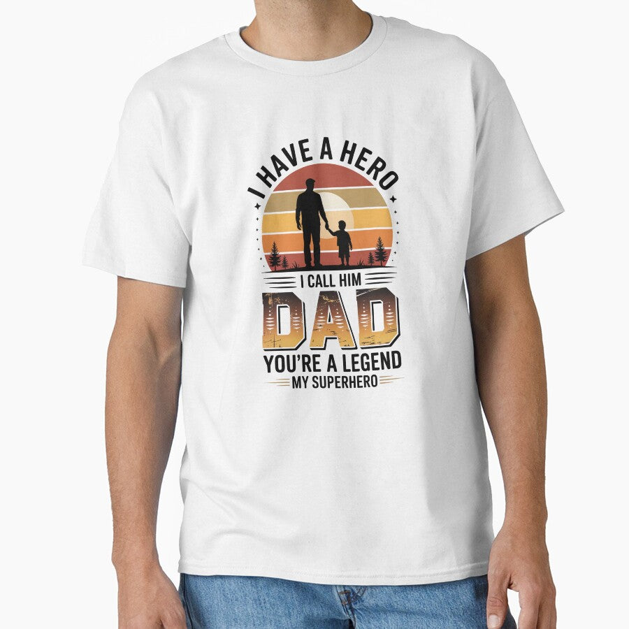 Father's Day Design - Retro Sunset Dad-Son Silhouette, 'DAD You're a Legend My Superhero' - Father's Day by KMMODERNDESIGNS